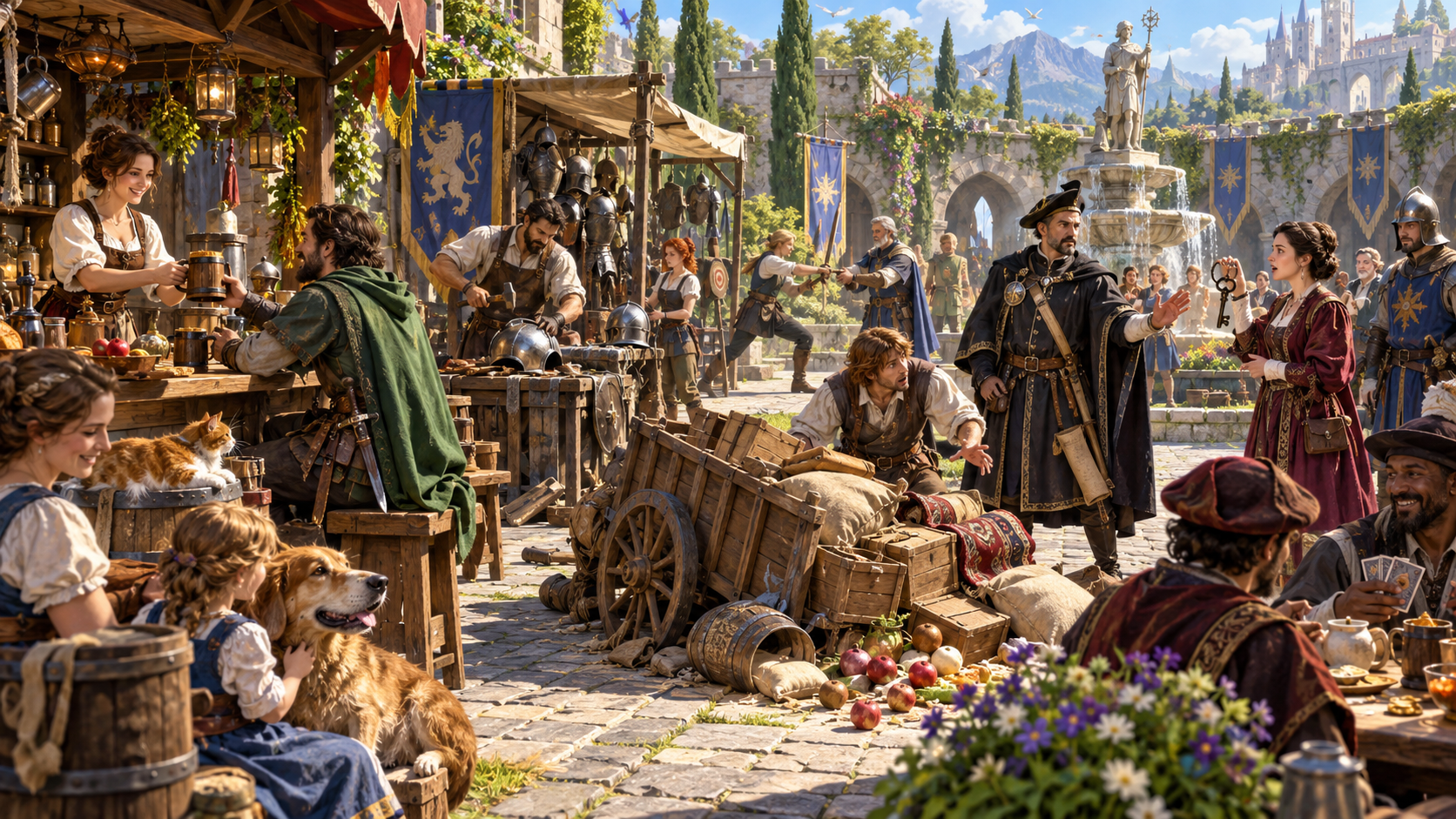 Fantasy illustration of everyday town life with a tavern, armour work, training, cards and a disrupted wagon delivery