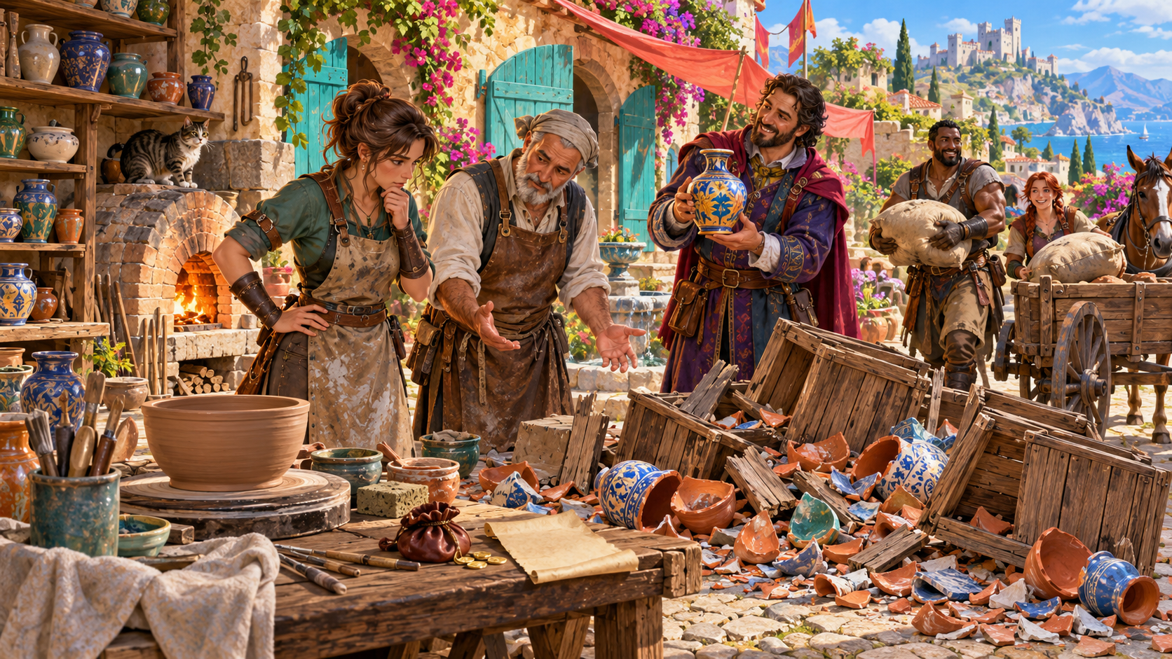 Fantasy illustration of a pottery workshop with a damaged delivery, broken pots, a thoughtful craftsperson and merchants
