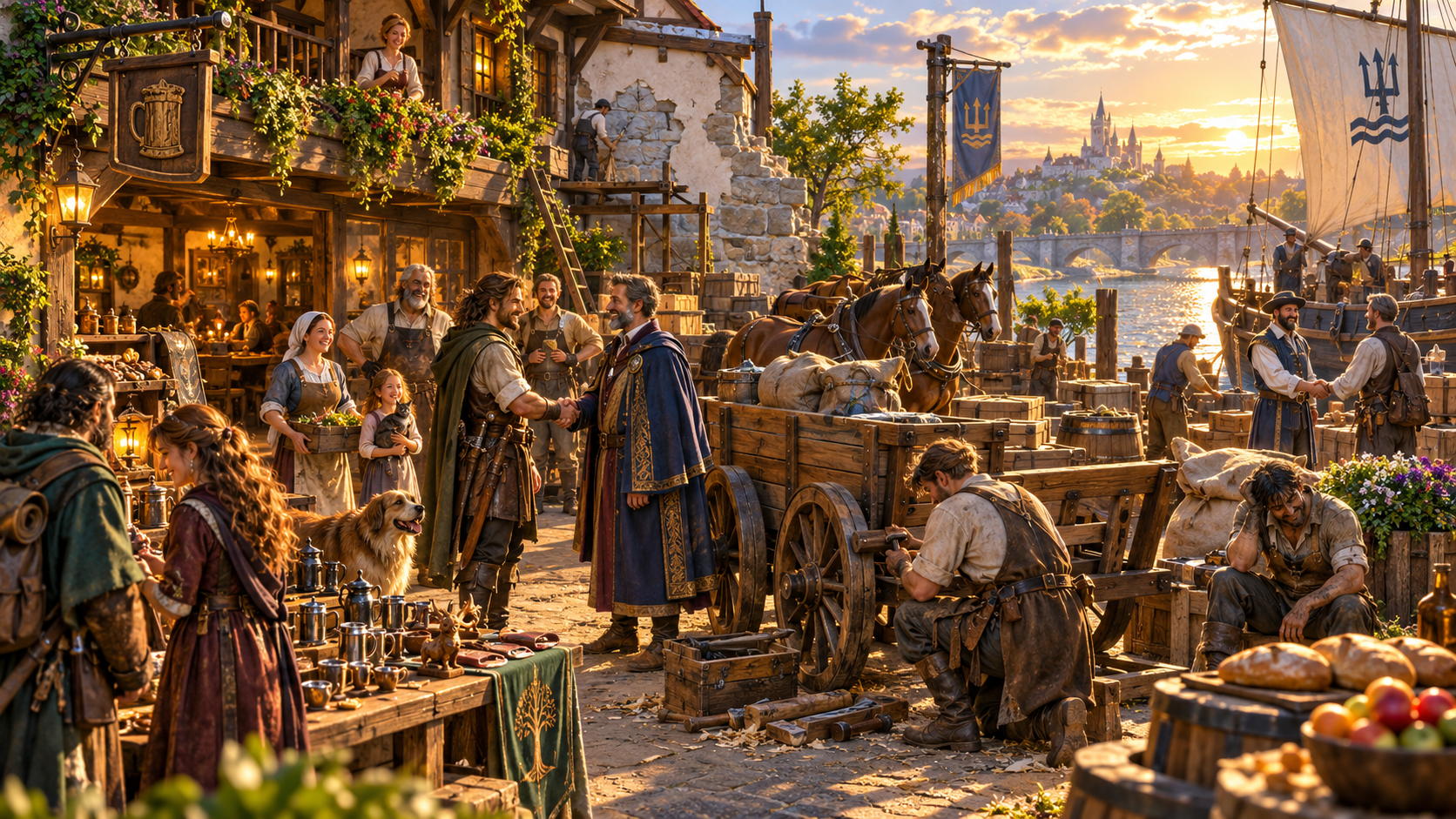 Fantasy illustration of a harbour community repairing a wagon, shaking hands and preparing a new shipment beside a tavern