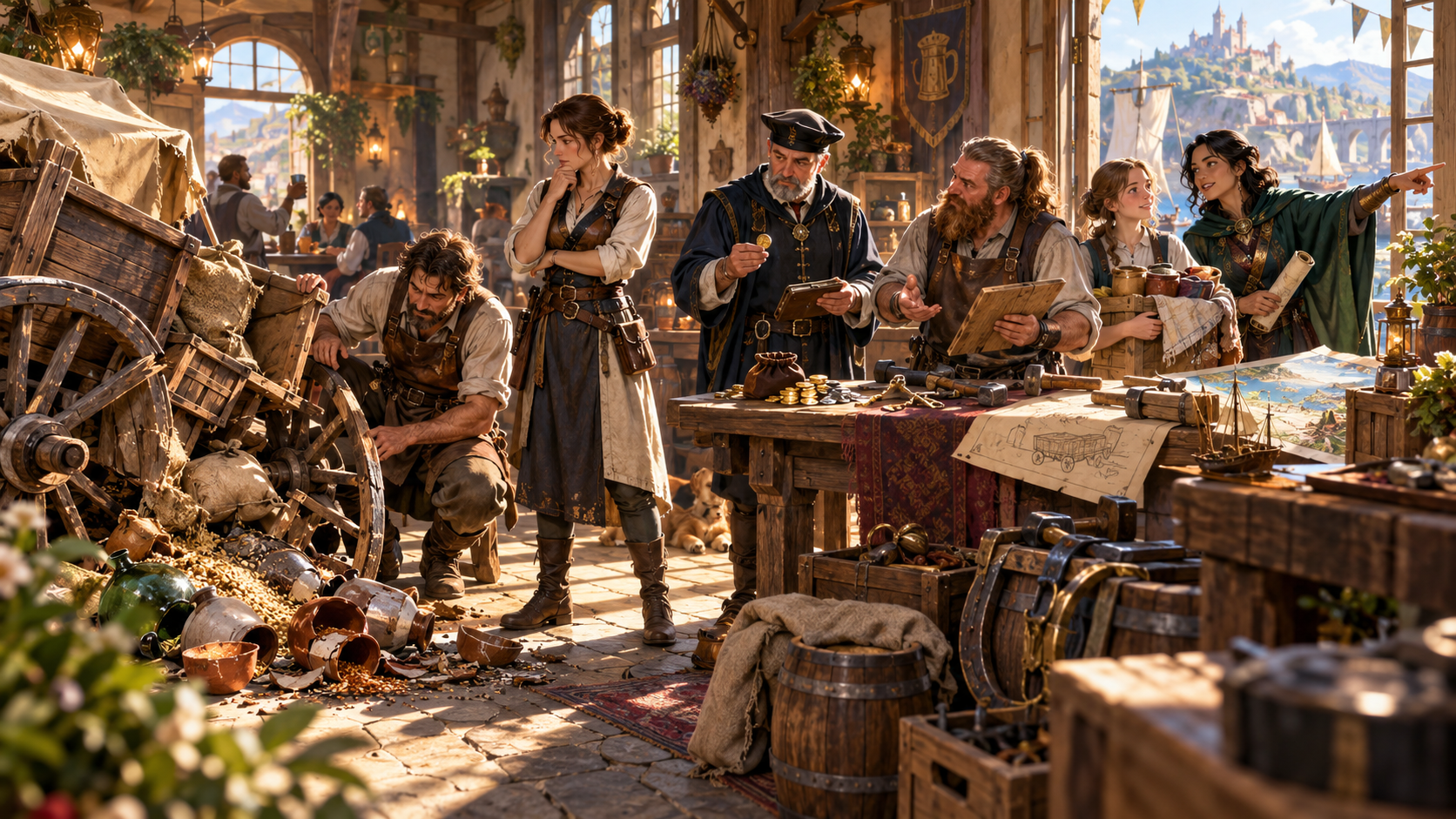 Fantasy illustration of a damaged wagon being inspected while companions consider coins, notes and a route map